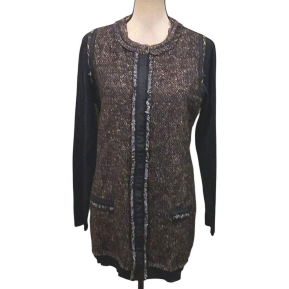 Elie Tahari Sweater Cardigan Size XS Extra Fine Merino Wool Tweed Snap Closure